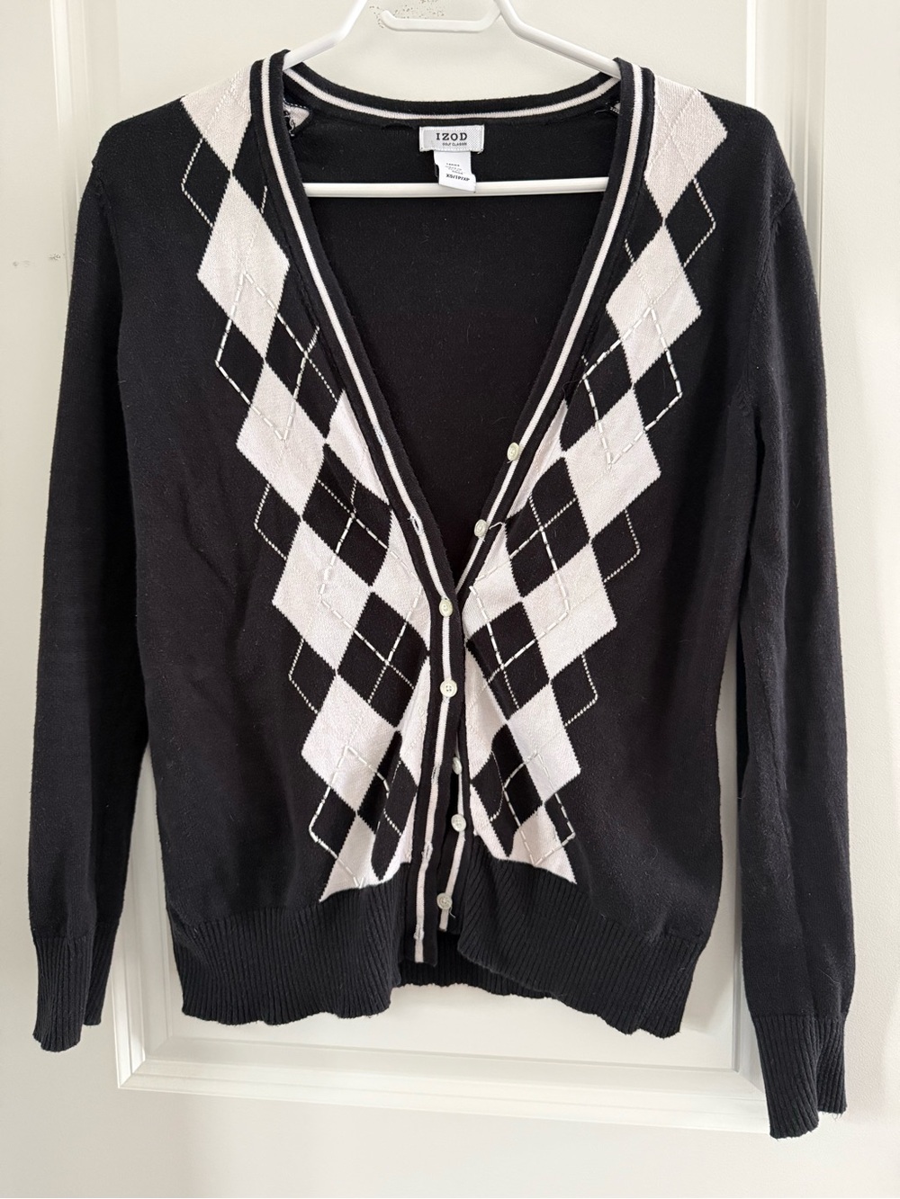 Izod Women's Black Argyle Button Cardigan Sweater
